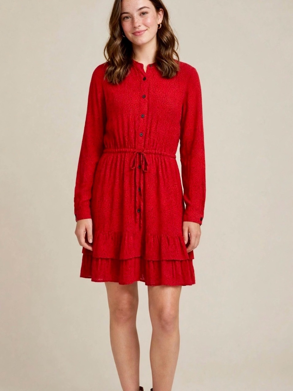 GAP Red Black Dotted Tiered Ruffle Dress Size M Button Front BOHO Peasant